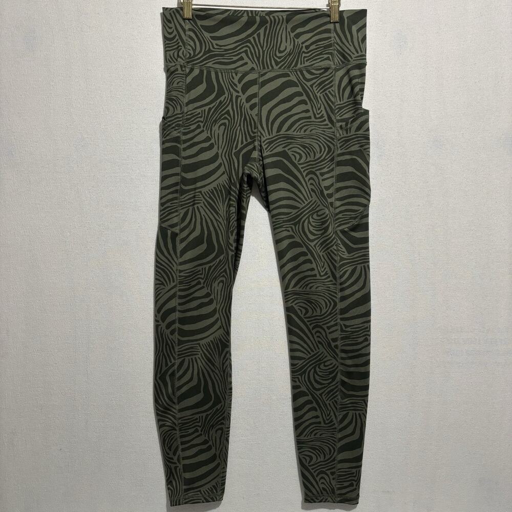 L-RL Ralph Lauren Active Womens Pants Large Green Black Jungle Stripe Yoga Gym